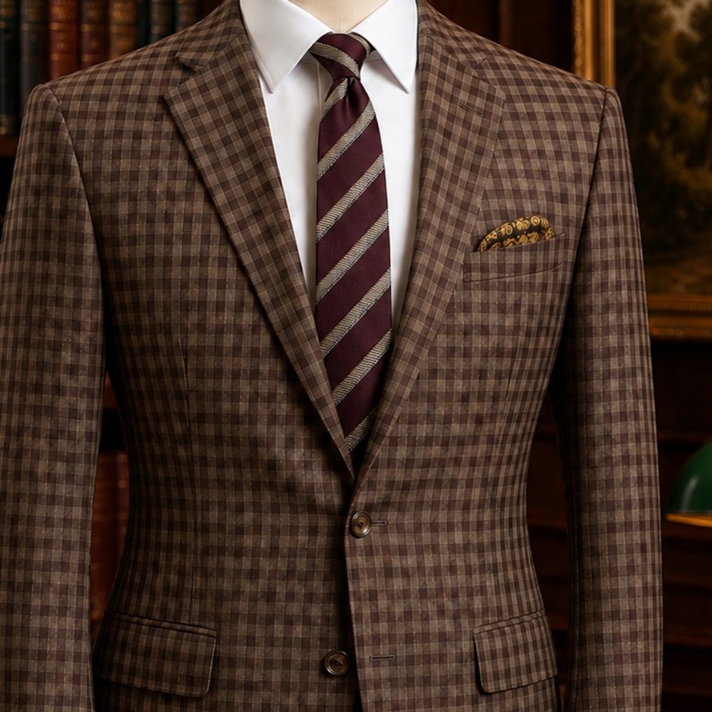 ISAIA Tan and Plum Check Sport Coat with Stile Latino Tie